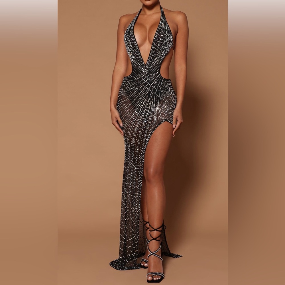 Fashion Nova Black and Silver Deep V-neck Backless Dress